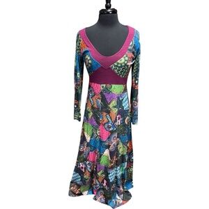 Desigual Multicolor Patchwork Print Long Sleeve Maxi Dress Size Large